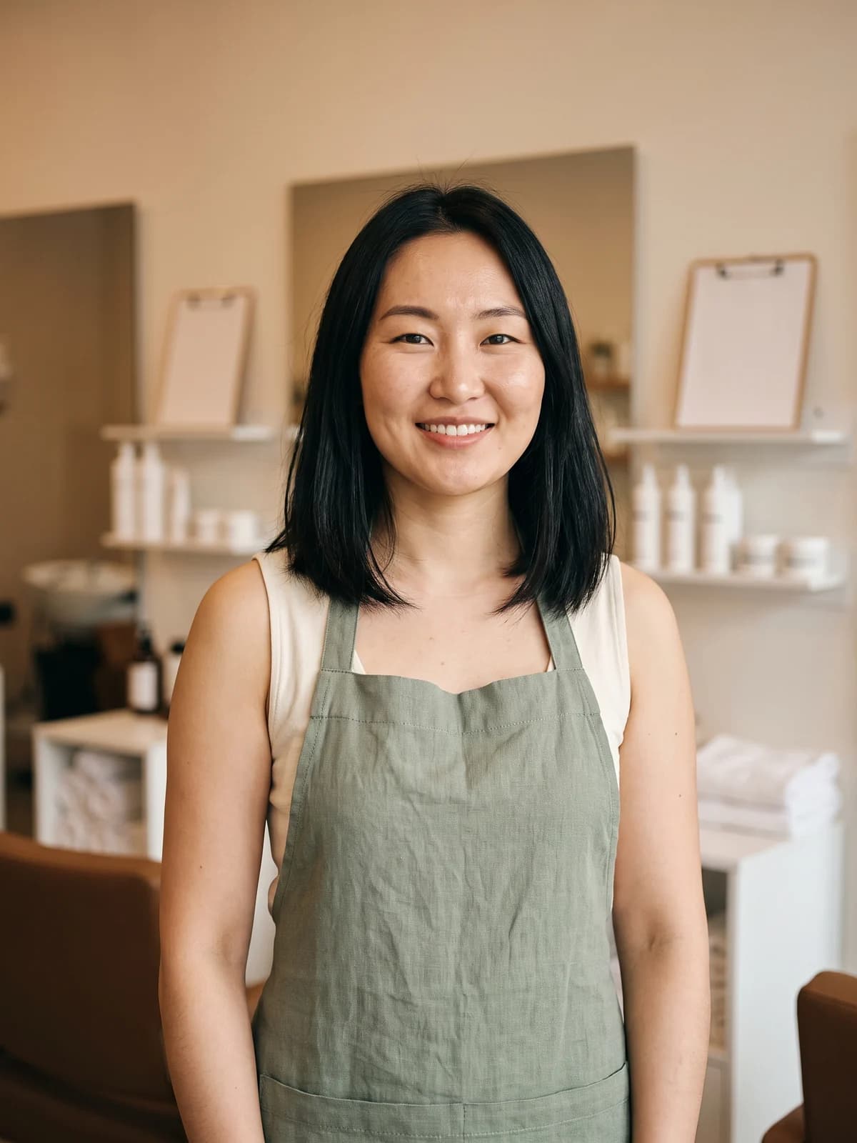 The salon’s lead stylist, smiling