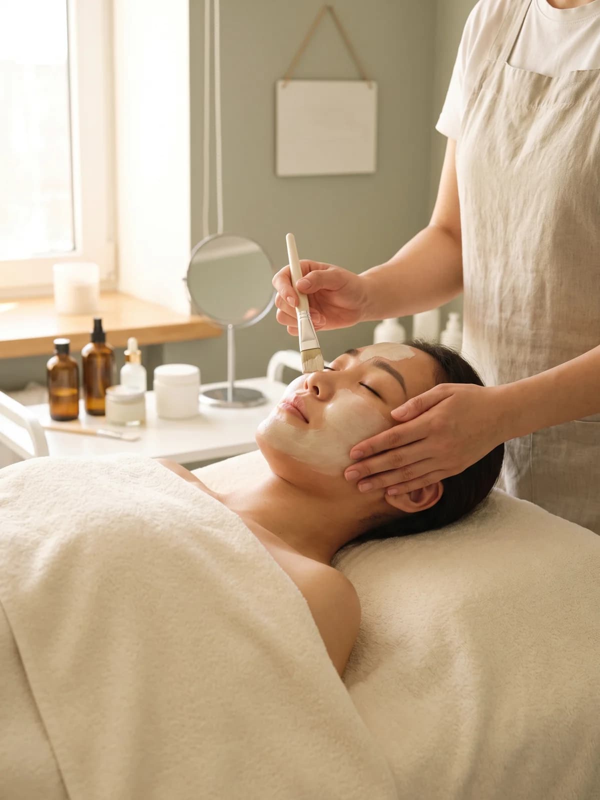A facial mask being applied in a calm treatment room