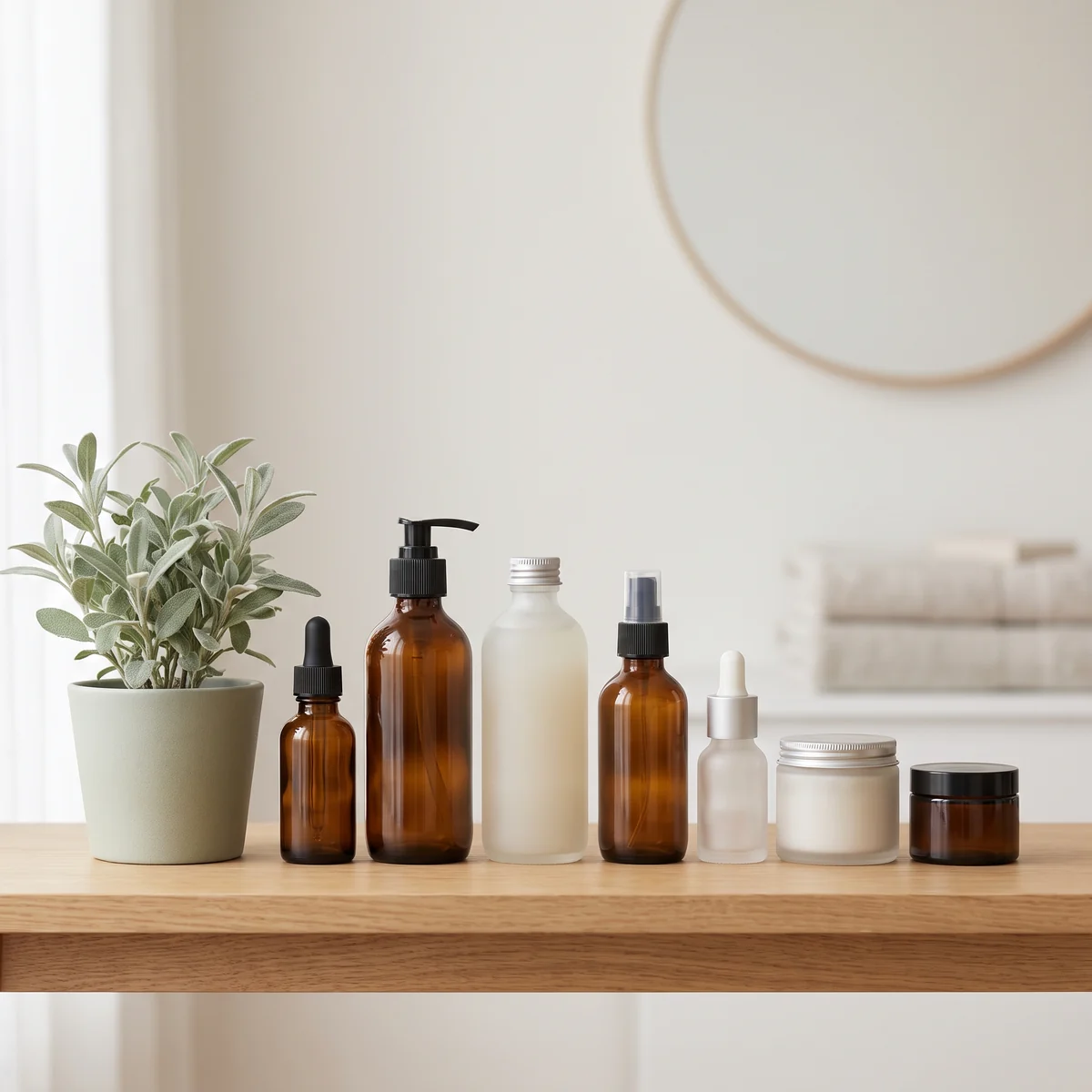 Hair and skin care bottles on an oak shelf