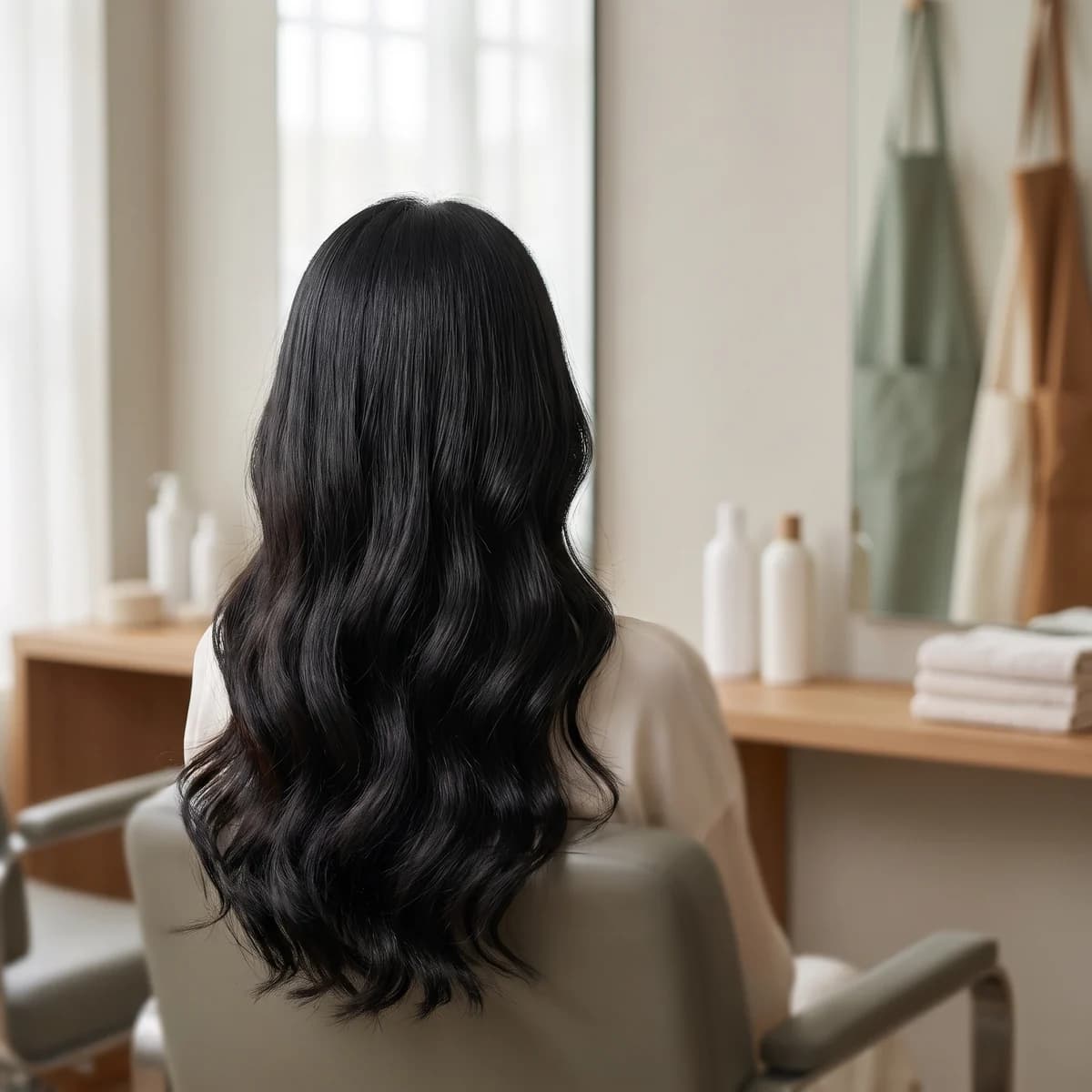 Long black hair in soft waves