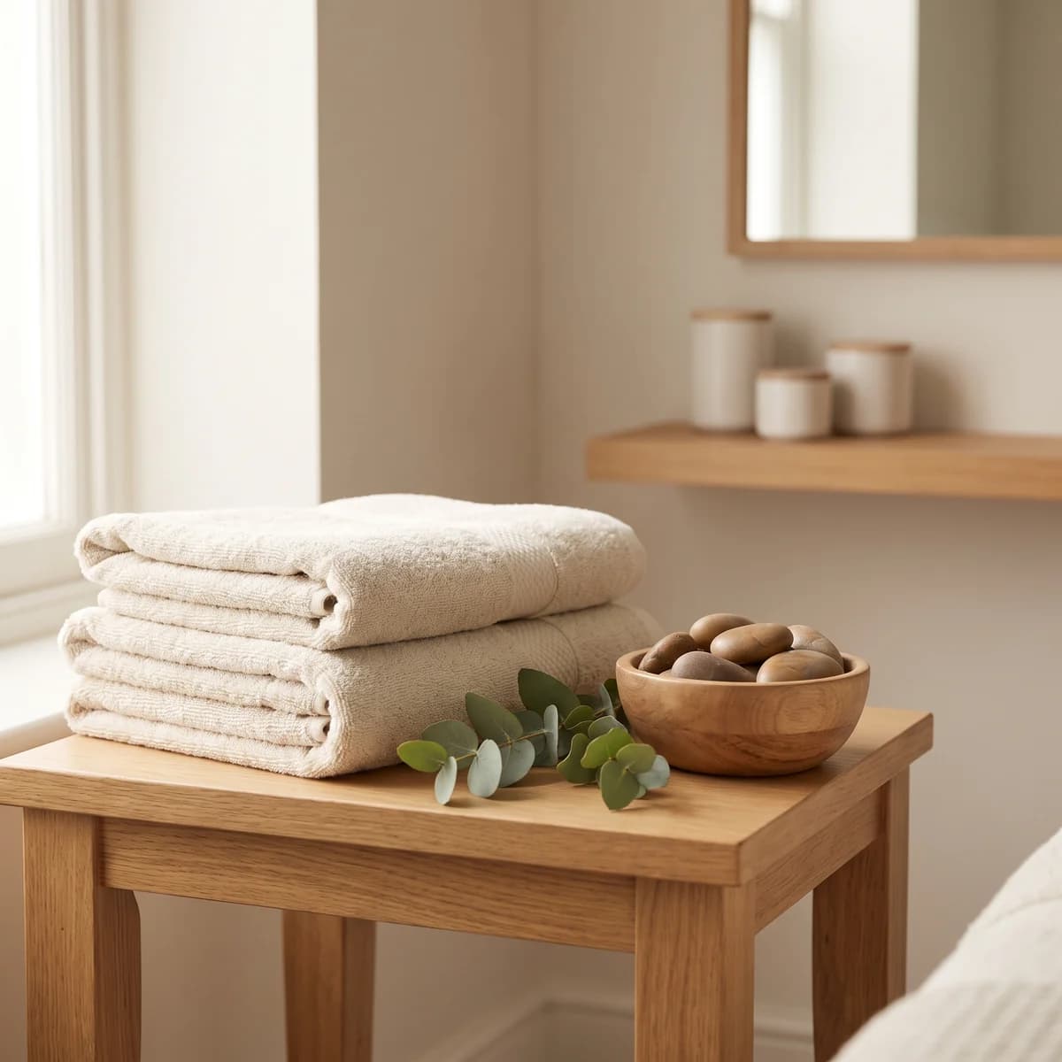 Folded towels and warm stones in the treatment room