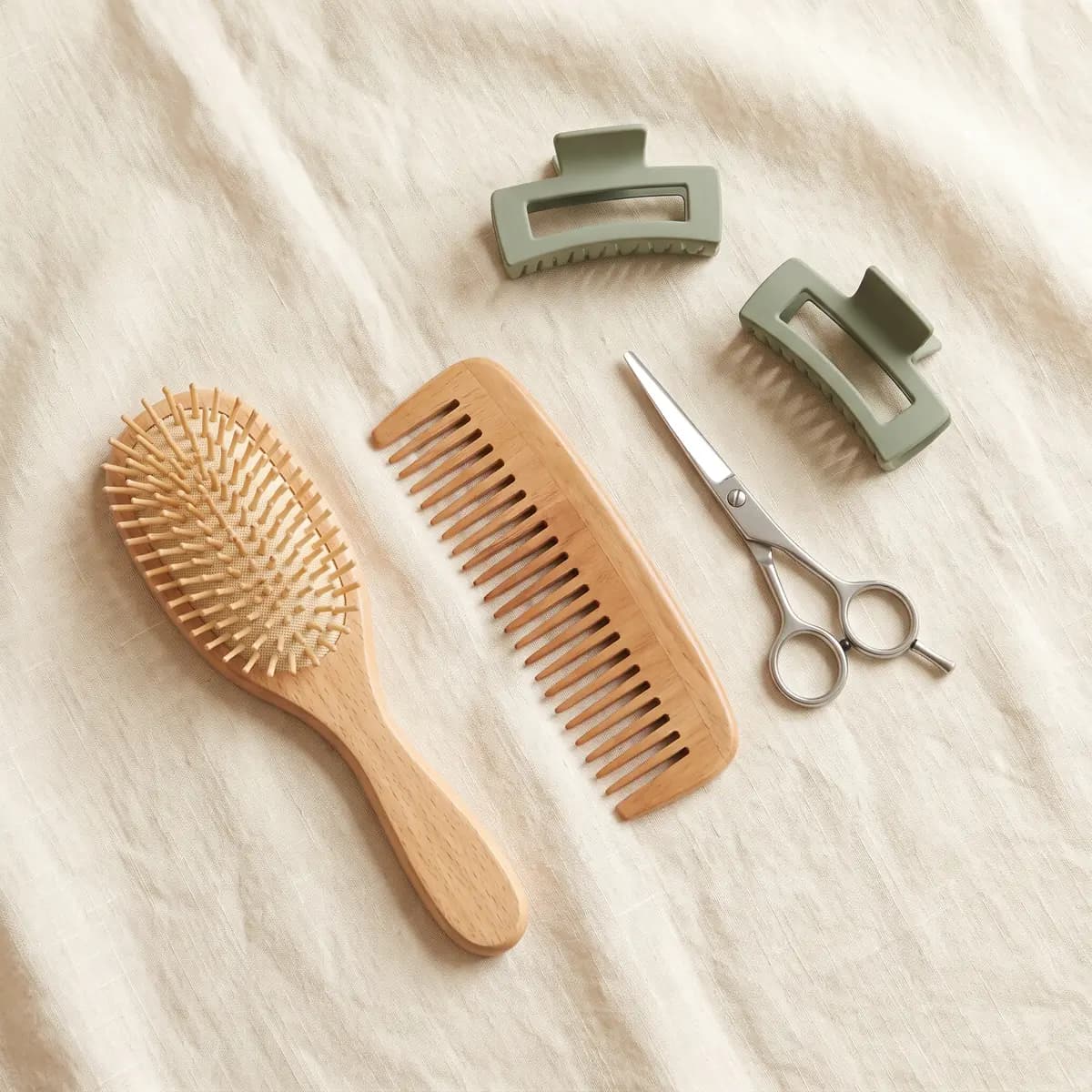 A stylist’s brush, comb and scissors
