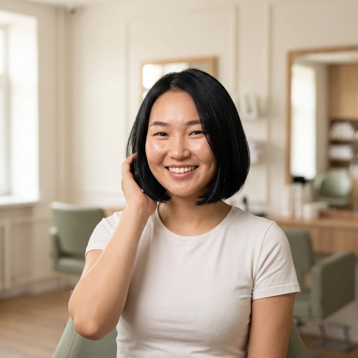 A client showing off her new bob