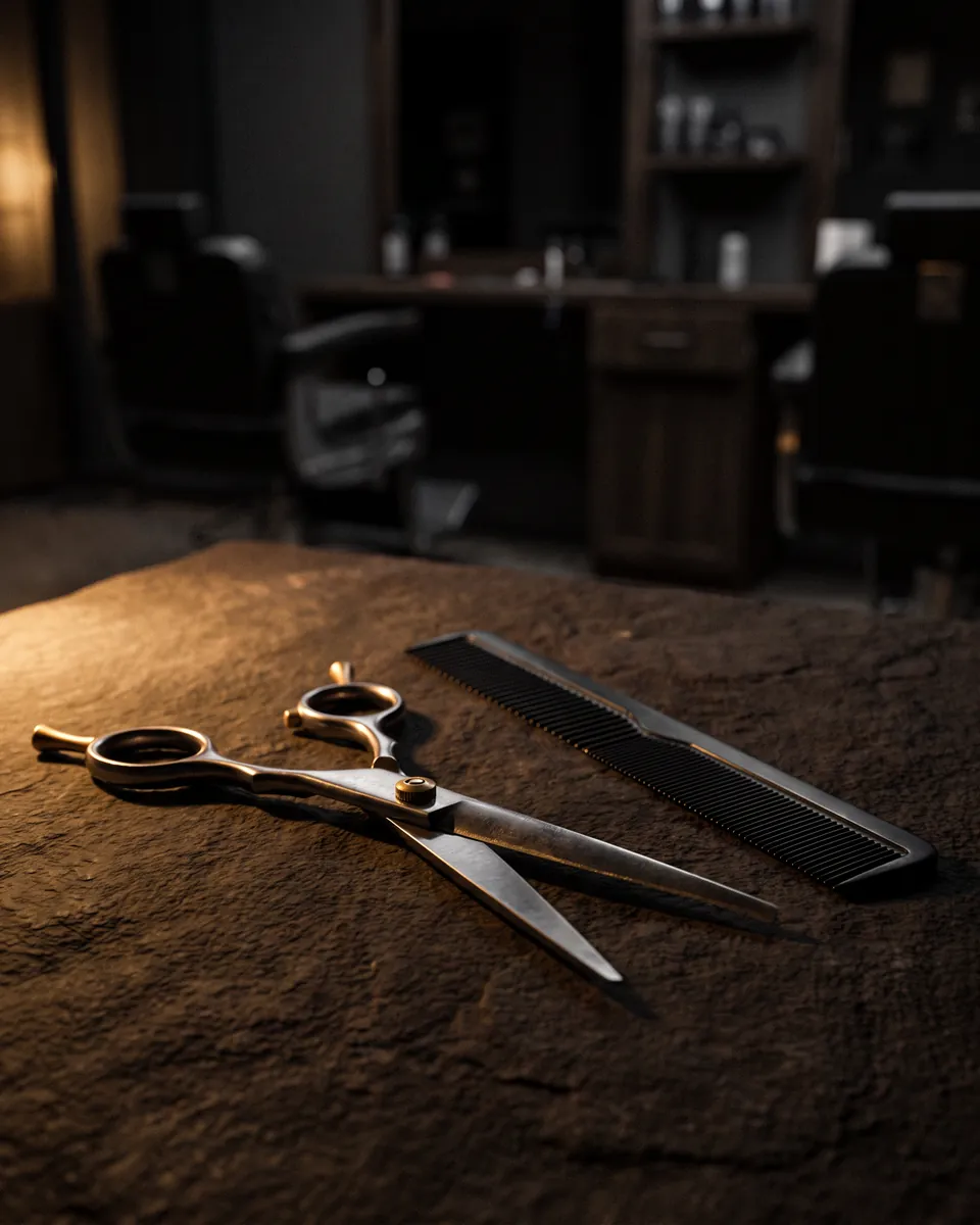 Hair-cutting scissors and a comb on dark stone