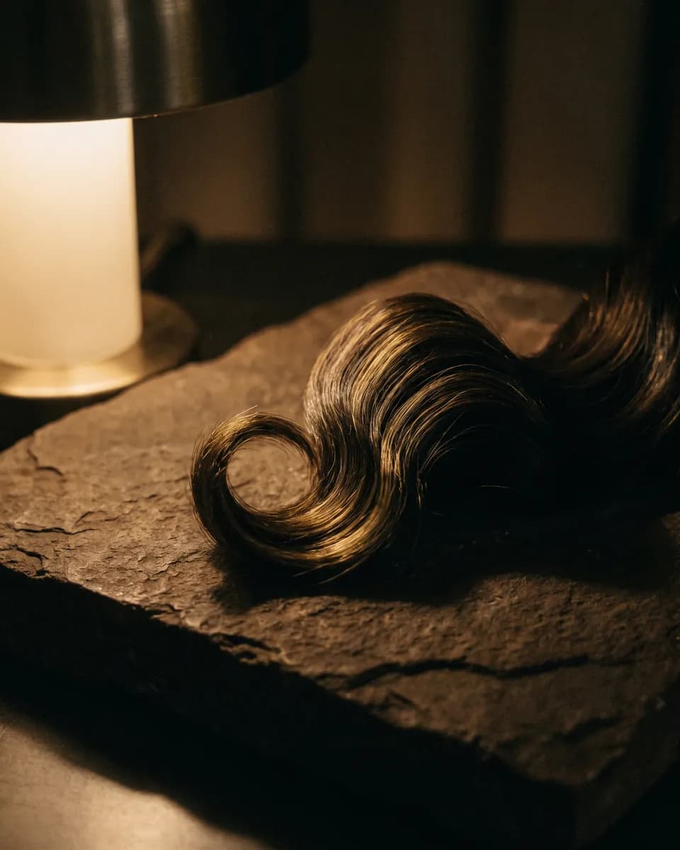 A glossy wave of brown hair