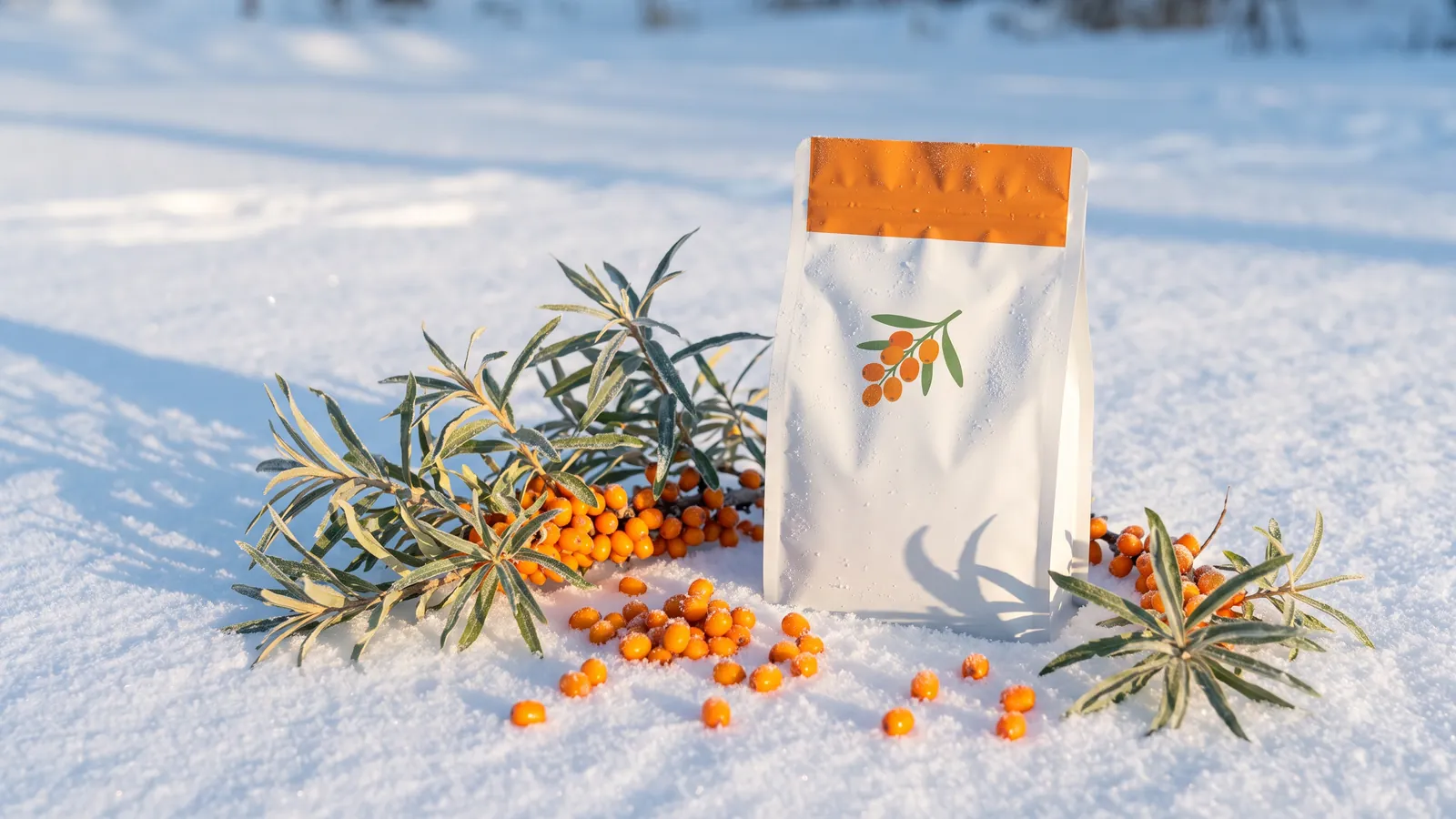 The pouch lying in snow among sea-buckthorn berries