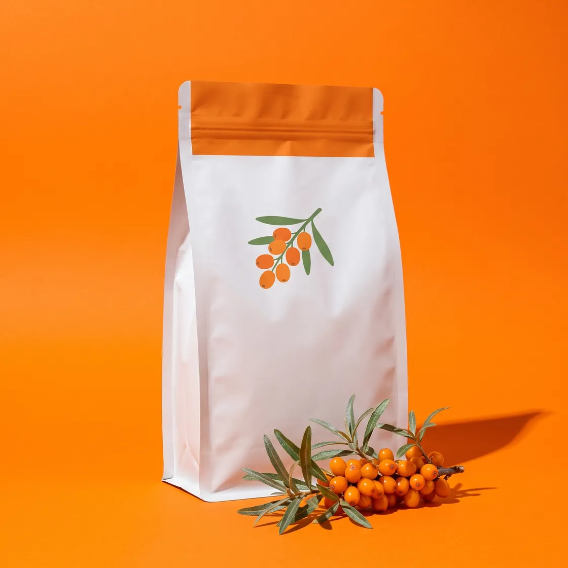 The Your Brand sea-buckthorn pouch on orange with a sprig of berries in front
