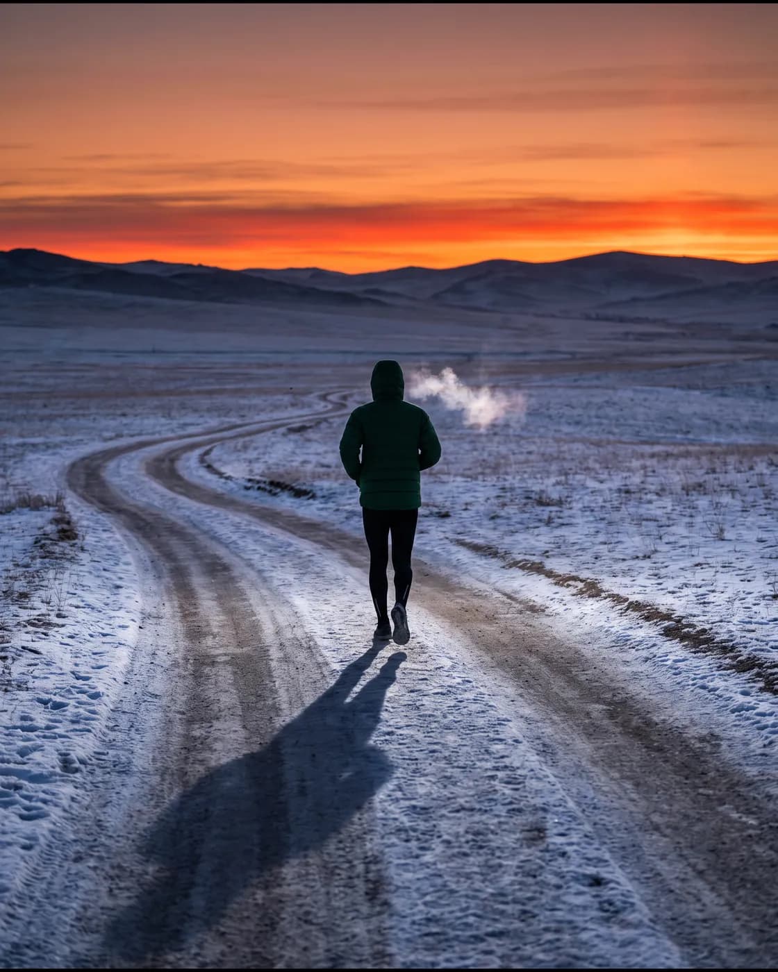 A runner on a frosty steppe road at sunrise, seen from behind